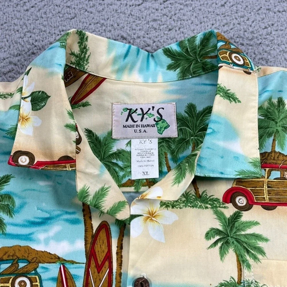 Kys Hawaiian Shirt Men XL Woody Wagon Car‎ Surf Board Tropical 100% Cotton USA